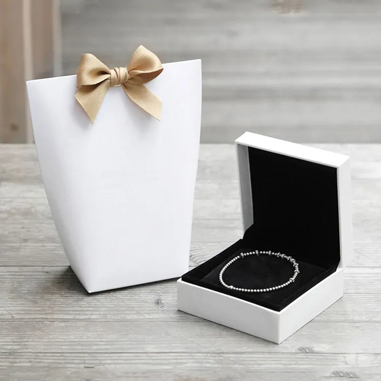 Conjunto de joyería de lujo con logotipo personalizado, caja de papel de embalaje de regalo con lazo de cinta para anillo de perla, colgante, collar, pendientes, pulsera