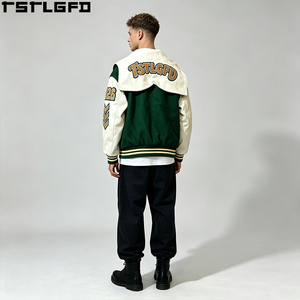 Cut And Sew Varsity <b>Jacket</b> <b>Rhinestone</b> Applique Green Wool Leather Sleeve Letterman Baseball <b>Jacket</b> Wholesale Bulk - Product Image 3