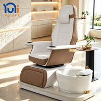 Fauteuil de pédicure électrique inclinable et rotatif en PU blanc et marron avec baignoire à pieds en céramique pour salon de beauté des ongles
