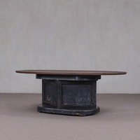 Table de bar ovale moderne en surface solide, base noire vieillie, aspect bois, meubles pour la maison et l'hôtel
