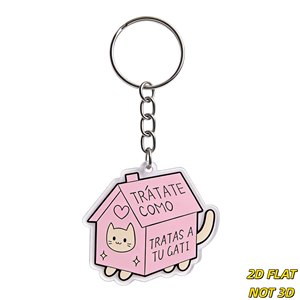 Roze kattenhuis acryl sleutelhanger 'Como Tratas a Tu Gati' Spaanse quote bedel voor sleutels, tassen, uniek grappig accessoire - Product Image 1