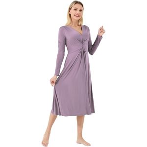 Vestido de Manga Larga con Cuello en V para Mujer, Corte en A, Cintura Alta, Informal, para Uso Diario, Transpirable, Viscosa de Bambú, Tallas S a XXL - Product Image 4