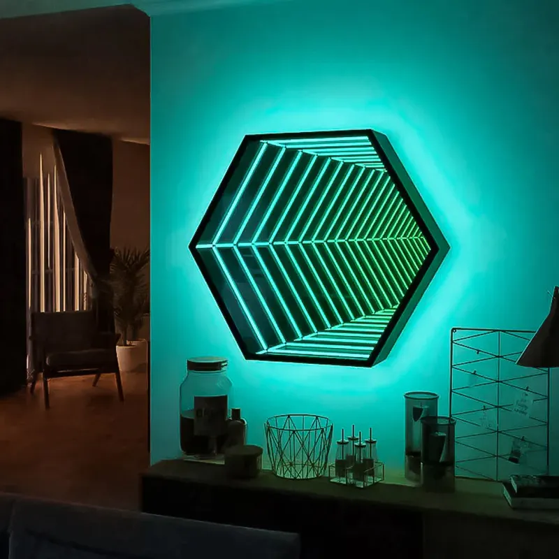 Populaire Hot Selling Led Moderne Rgb 70Cm Hexagon Geometrisch Ontwerp Spiegel Tunnel Lamp 3d Oneindige Magische Spiegel Led Wandlamp