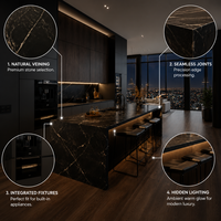 Ensemble d'armoires de cuisine modulaires modernes KEJIA en noir mat avec texture de grain de bois foncé et îlot cascade en marbre noir de luxe OEM