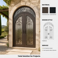 Porte d'entrée extérieure en fer forgé cintrée sur mesure, double vitrage trempé, étanche, pour projet de maison américaine moderne