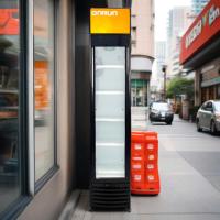 Réfrigérateur vitrine vertical 150L au design mince avec porte vitrée et éclairage de marque intégré