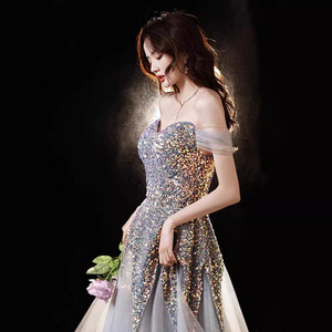 Elegant Off The Shoulder Glitter Chiffon A Line Evening Dress Grey Empire Waistline For Banquets Birthday Parties Princess Style - Product Image 4