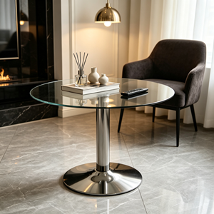Table basse moderne ronde en verre trempé avec base en acier inoxydable, pour salon, hôtel, table centrale de canapé - Product Image 3