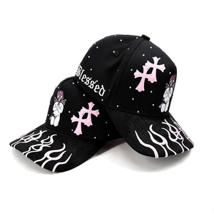 หมวกเบสบอล5แผงทำจากผ้าฝ้ายปักลายพลอยเทียมและแผ่นหนัง - Product Image 3