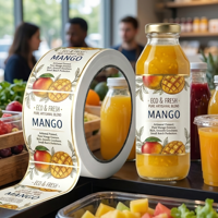 Étiquettes autocollantes personnalisées transparentes pour bouteilles de jus, de boissons et d'eau minérale, en plastique, résistantes à l'eau, en rouleau