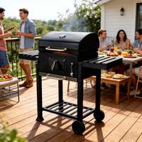 Barbecue au charbon de bois en acier inoxydable sur chariot mobile avec tables latérales pour extérieur