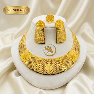 Designer Gold Plated Brass Classic Flower Box Chain Women's Nigerian Wedding Gold Necklace and Earrings Set - Product Image 1