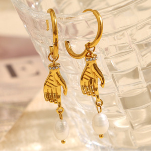 Fashion Drop Earrings Gold <b>Hand</b> Design Freshwater Pearl Zinc Alloy Party Jewelry EH811 - Product Image 2