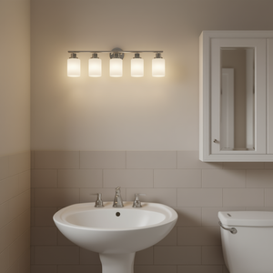 Modern 5-Light 31 Inch <b>Vanity</b> Wall Sconce Chrome Iron Finish Frosted Glass Bathroom Lighting Model D0100XFP5FU - Product Image 2