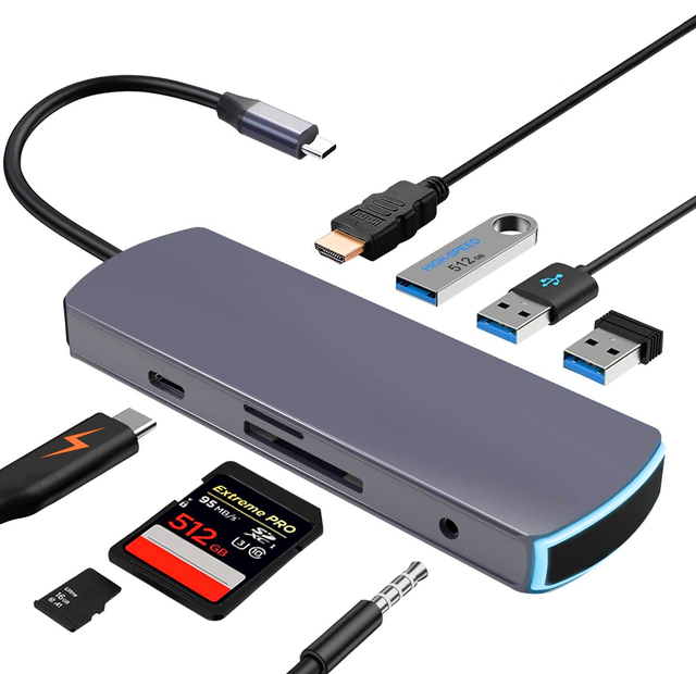 8-in-1 USB 3.0 Type C Hub Adapter 4K Thunderbolt 3 Docking Station TF/SD Card Reader PD Charger Nickel Plated Male-Female Stock