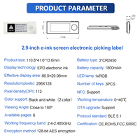 Étiquette de prélèvement intelligente EPD, écran E-Ink de 2,9 pouces, affichage HD 296x128 pixels, température de fonctionnement 0~40 ° Système C WMS Pick to Light (PTL) pour entrepôt