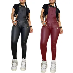 Winter Pu Artificial Leather Bodycon Jumpsuit Sexy Stand-Up Collar  Long-Sleeved Zipper Belt Motorcycle Jumpsuit