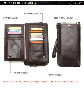 Contact's Casual Slim Genuine Leather RFID Long Wallet para hombres con bolsillo para teléfono Men's Card Wallet Leather Luxury