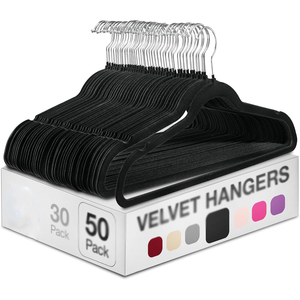 Premium 50 Pack Black Velvet Clothes <b>Hangers</b> Single Flexible Modern Nonslip Customizable Colors Wardrobe Bathroom All-Season - Product Image 1