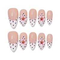Ongles Amande Micro French Faits Main 10 Pièces Pointe Blanche Bourgogne à Pois Fleur 3D Kit d'Ongles French Tip à Pois