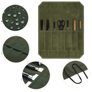 Wet Wax Canvas Knife Storage Bag 7pcs Durable Roll Up Chef <b>Kitchen</b> <b>Camping</b> Outdoor Portable Organizer Khaki Green - Product Image 4