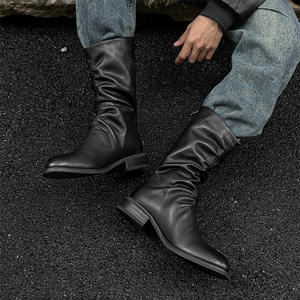 Botas Chelsea de Invierno para <span class=keywords><strong>Hombre</strong></span> al por Mayor de Mozhixi, Botas de Moda de Media Pantorrilla con Cremallera Trasera de Cuero PU Negro para <span class=keywords><strong>Hombre</strong></span> - Product Image 1