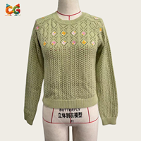 Nouvelle Arrivée CG Pull Léger pour Femme, Col Rond, Broderie Florale, Pointelle, Manches Raglan, Coupe Ample, Tricot d'Hiver OEM