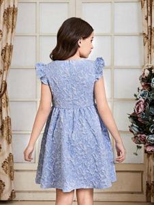 Boda nupcial Jacquard telas textiles para hacer Tween Girl Ruffle Trim vestido con botón y manga aleteo ropa - Product Image 4