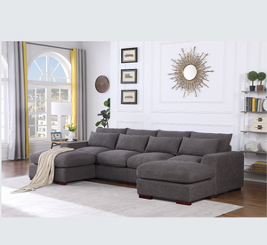 Canapé d'angle convertible moderne en mélange de lin en forme de U avec 2 ottomanes, canapé-lit et design modulaire pour salons - Product Image 1