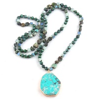 Collier Pendentif Bohème en Pierre Naturelle Turquoise Africaine 6mm, Verre Cristal Irrégulier, Imitation Bleu Empereur, Bijoux Occidentaux