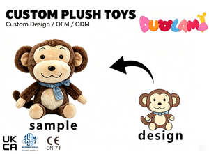 Peluche singe curieux en fourrure marron avec nœud papillon bleu à carreaux, pattes brunes, souriant, assis, OEM ODM personnalisé - Product Image 1