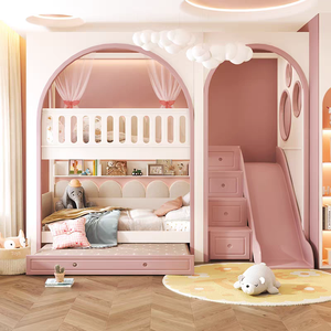 Cama litera con diseño moderno de castillo de princesa JS, tamaño completo, ecológica, con almacenamiento para dormitorio, uso escolar, para niños - Product Image 1
