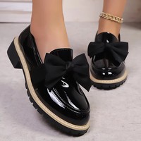 Chaussures habillées à plateforme pour femmes avec nœud, en cuir verni PU, à enfiler, à talon épais, mocassins décontractés, tailles 35 à 43