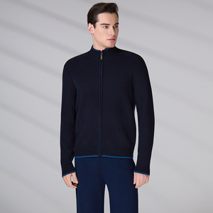 Pull en laine de luxe chaud avec poignets contrastants, cardigan zippé à manches longues de créateur, veste tricotée sur mesure pour homme - Product Image 6