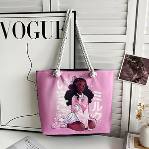Wholesale African Black Girl Art Print Shoulder Handbags Custom Logo <strong>Fun</strong> Cartoon Pattern Canvas Tote <strong>Bag</strong> with Rope Handle - Product Image 2