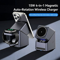 4-in-1 15W Magnetische Draadloze Oplaadstandaard met 180 Graden Gemotoriseerde Rotatie voor Telefoon, Horloge, Oordopjes en Klok voor Bureau, Nachtkastje en Bedside