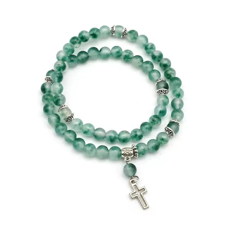 support custom Prayer Jewelry 8MM natural jade Round Bead Cross Pendant Chain Bracelet