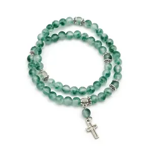 support custom Prayer Jewelry 8MM natural jade Round Bead Cross Pendant Chain Bracelet