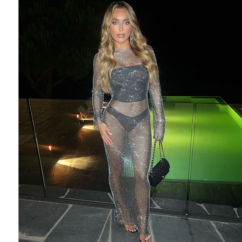 Handmade Women Black See Through Crystal Mesh Maxi Party Dress Beach Cover  up Glitter Long Rhinestone Dresses| Alibaba.com