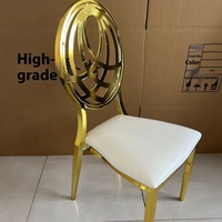Chaises de réception de luxe en acier inoxydable pour événements, avec dossier en O doré, revêtement en cuir blanc, idéales pour mariages et banquets en extérieur - Vente en gros