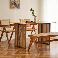 Table à manger en bois massif de style japonais avec accents en rotin tressé - Table à manger rectangulaire moderne en bois pour la maison, les chambres d'hôtes et les cafés