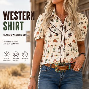 Country Western <b>Shirts</b> <b>For</b> <b>Women</b> <b>Cowboy</b> Print Short Sleeve Piped Yoke Pearl Snap Casual Rodeo Cowgirl Blouse - Product Image 1