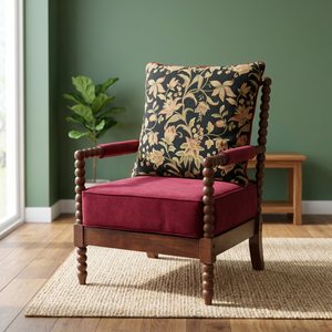 Sillón Tradicional de Madera con Tapicería Borgoña y Respaldo Floral para Sala de Estar - Product Image 3