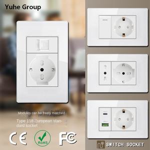 Prise murale double USB type C en verre trempé, norme allemande, avec interrupteur et trois prises de courant - Product Image 2