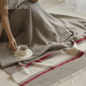 Custom Wholesale Super Sofa Textured Throw Cover Blankets Soft Bed End Light Luxury Grey White Striped Wool Throw Blanket