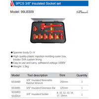 99LB309 Jeu de douilles isolées 9 pièces 3/8 pouce 1000V IEC 60900 8-19mm Cr-V pour travaux électriques sous tension