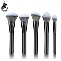 Set Kuas Makeup Wajah Rambut Sintetis 5 PCS dengan Logo Custom, Organizer Hitam, MOQ Rendah, Vegan, Kuas Bedak & Blush