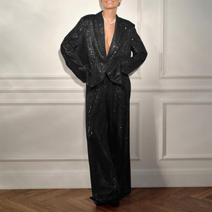 Nouvelle Collection Printemps : <span class=keywords><strong>Ensemble</strong></span> <span class=keywords><strong>Blazer</strong></span> Femme Décontracté en Toile Non Tissée, Écologique, Uni, Orné de Paillettes et de Perles, Idéal pour le Quotidien - Product Image 5