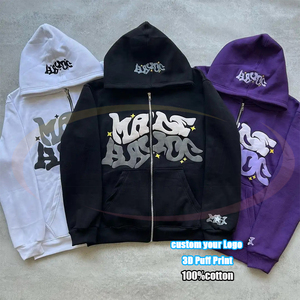 Alta calidad al por mayor Streetwear gráfico sudadera logotipo personalizado hombro caído pesado Puff estampado algodón liso en blanco Zip up Hoodie - Product Image 1