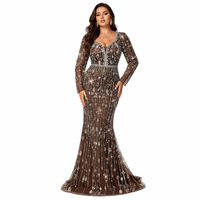 Robe de soirée formelle sirène en tulle nude à manches longues, ornée de perles et de strass en cristal, grande taille